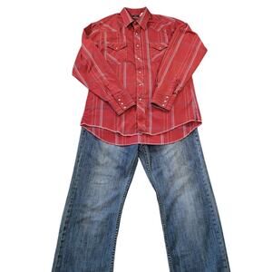 VTG USA Wrangler Pearl Snap Red Striped Western Shirt Mens Large EUC